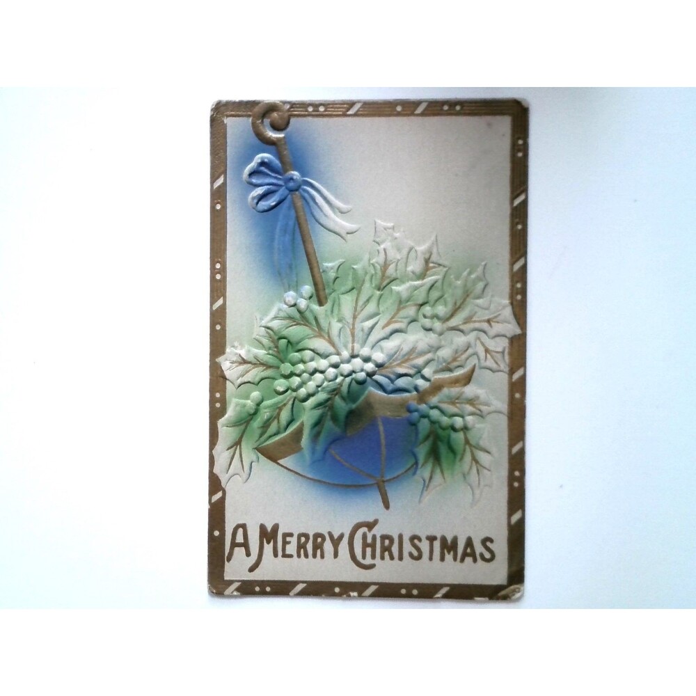 Vintage Embossed Christmas Postcard Umbrella Holly Berries 1907-1917 Era